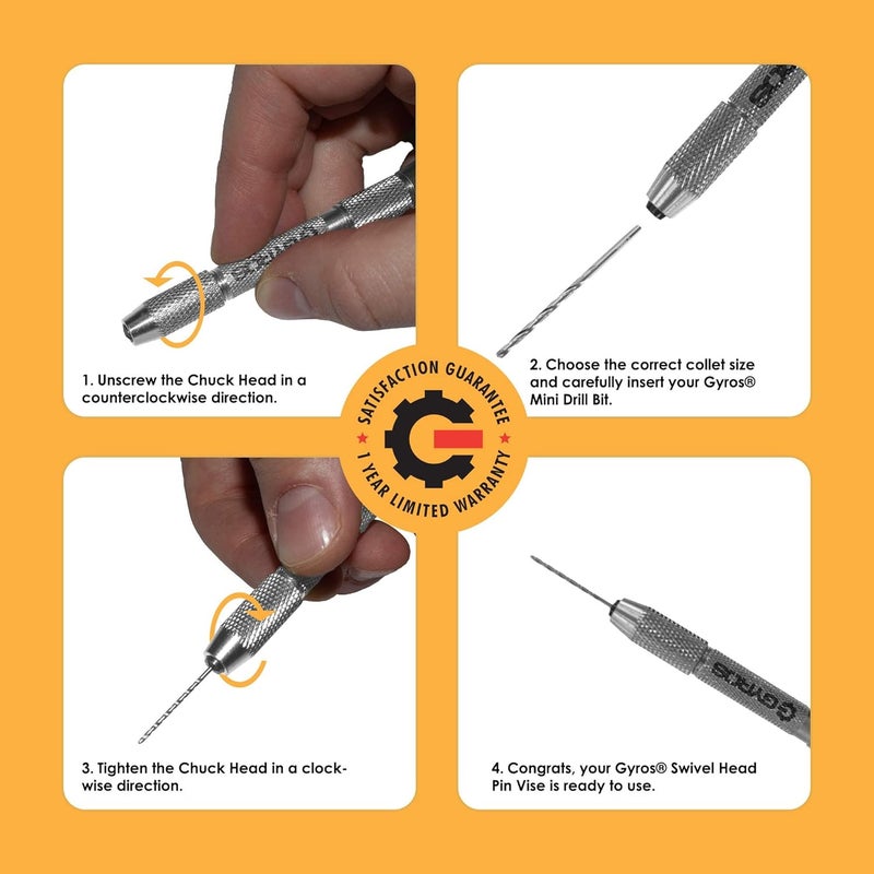 Gyros Professional Swivel Head Pin Vise Hand Drill with Anti-Slip Nickel Plated Steel Body and Two Reversible Collets for Precision Drilling - Image 4